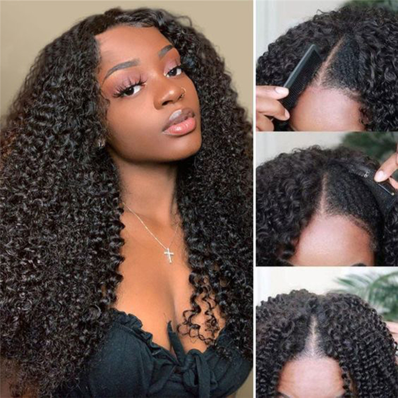 Virgin Human Hair Afro Kinky Curly V Part Wigs - 图片 3